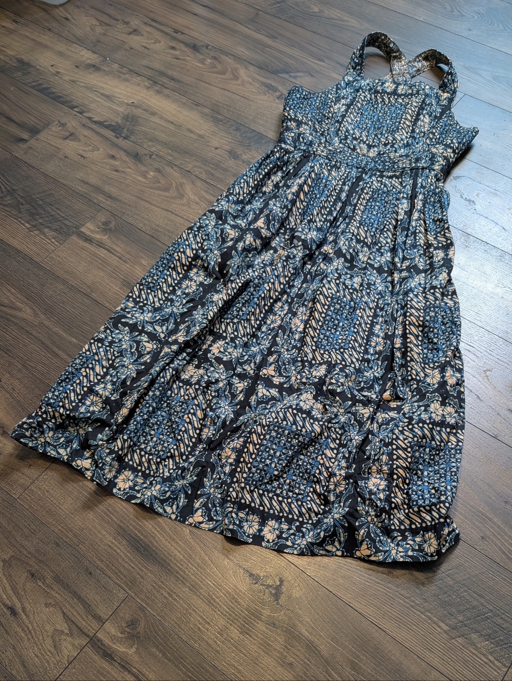 Ulla Johnson Kerani Cutout Back Navy and Cream Printed Midi Dress Size 12 - Picture 3 of 11
